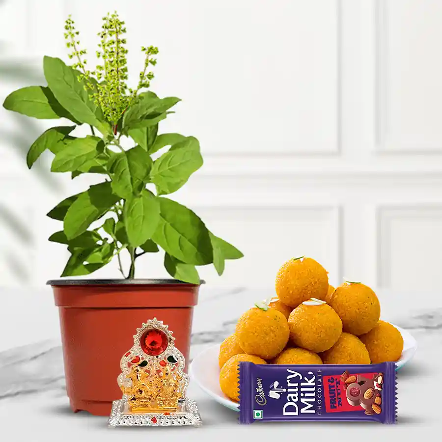 Divine Tulsi Plant with Ganesh Laxmi Mandap and festive treats.