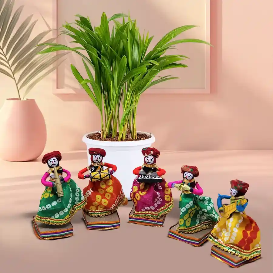 Areca Palm Plant with Rajasthani Musician Bawla Puppets set, showcasing nature's charm and cultural artistry.