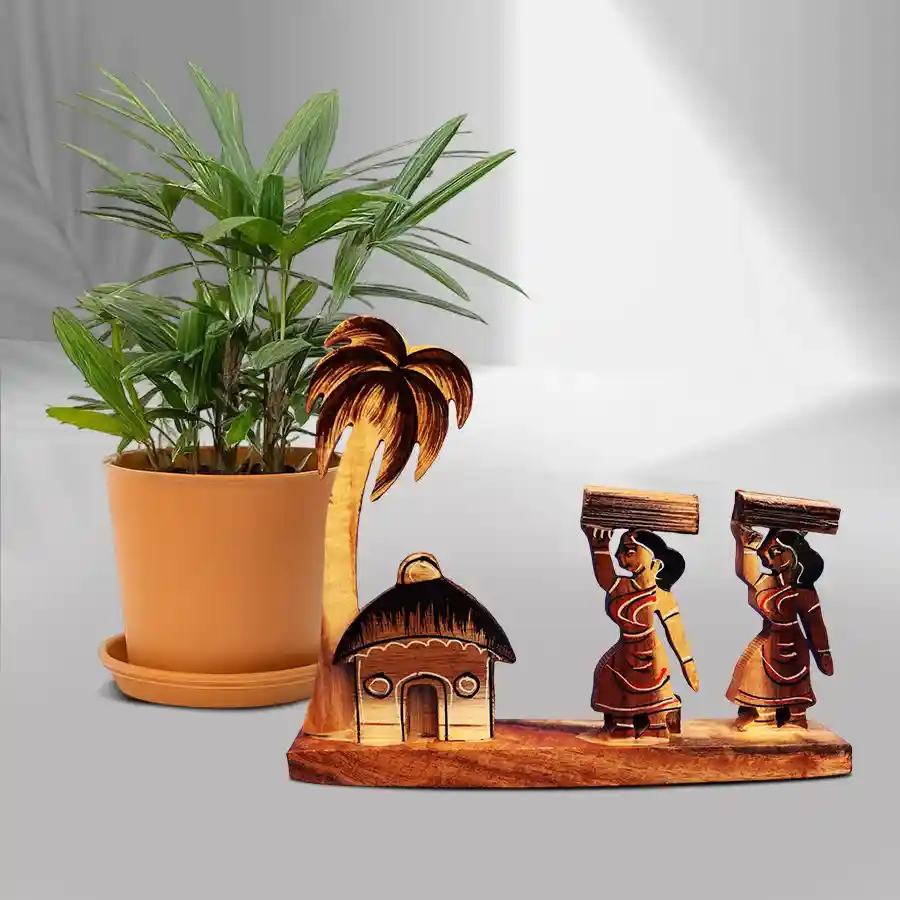 Whimsical Broadleaf lady palm and handcrafted farmer girls decor set.