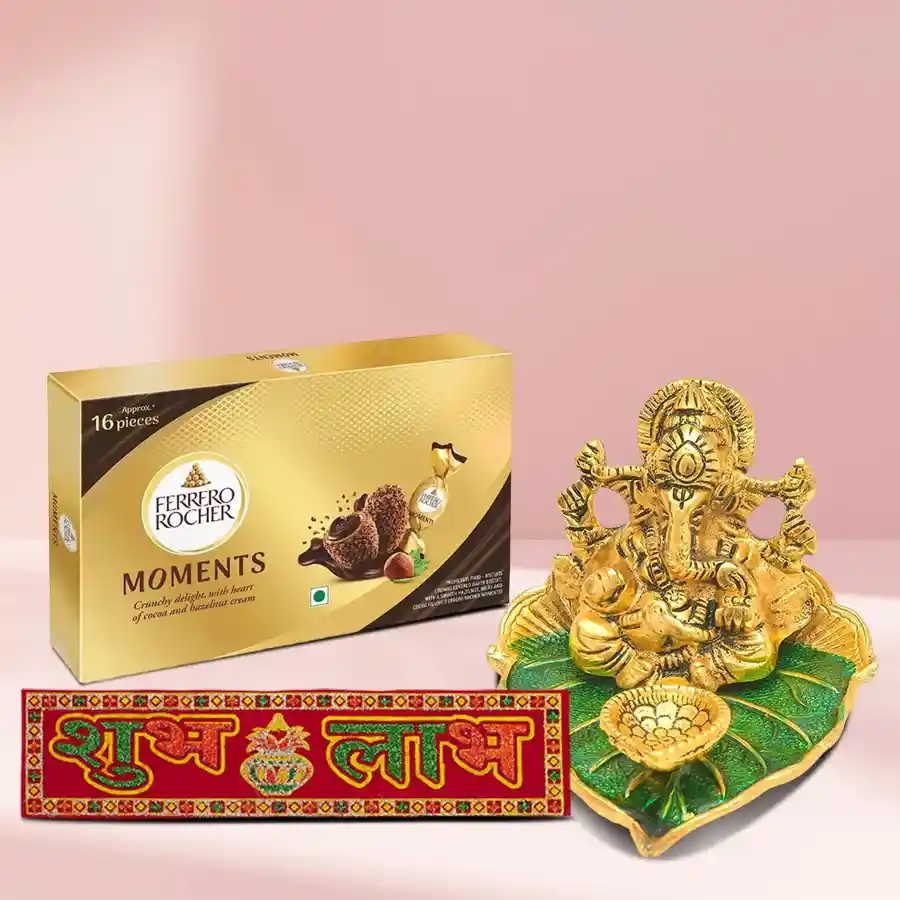 Heartfelt Blessings Puja Gift Set featuring Ganesha, a diya, chocolates, and a Subh Labh sticker.
