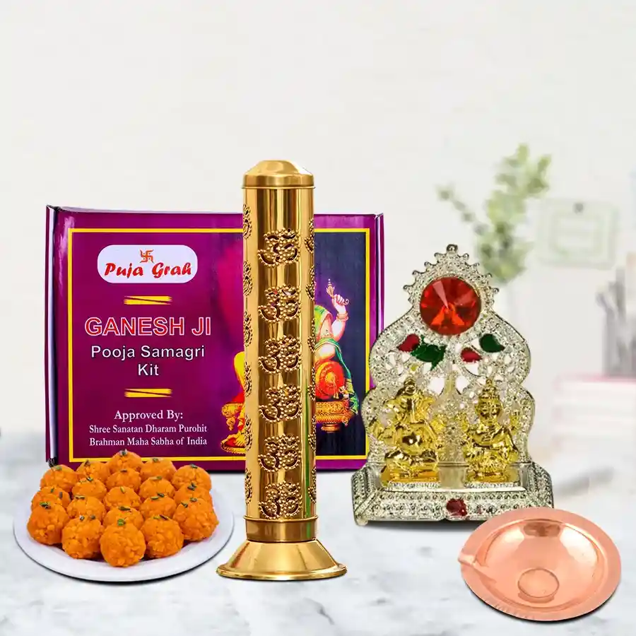 Spiritual Harmony Puja Gift Set featuring a copper diya, brass agarbatti stand, and boondi ladoo, perfect for festive celebrations.