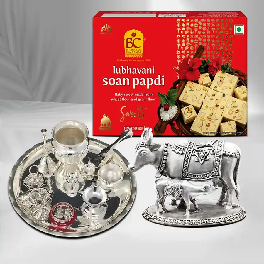 Heartfelt Puja Gift Combo featuring silver-plated thali set and Ganesh Laxmi mandap.