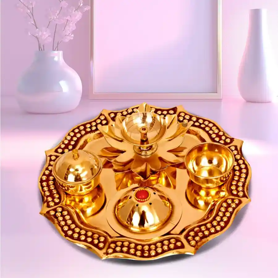 Elegant Golden Brass Pooja Thali, perfect for rituals and gifting.