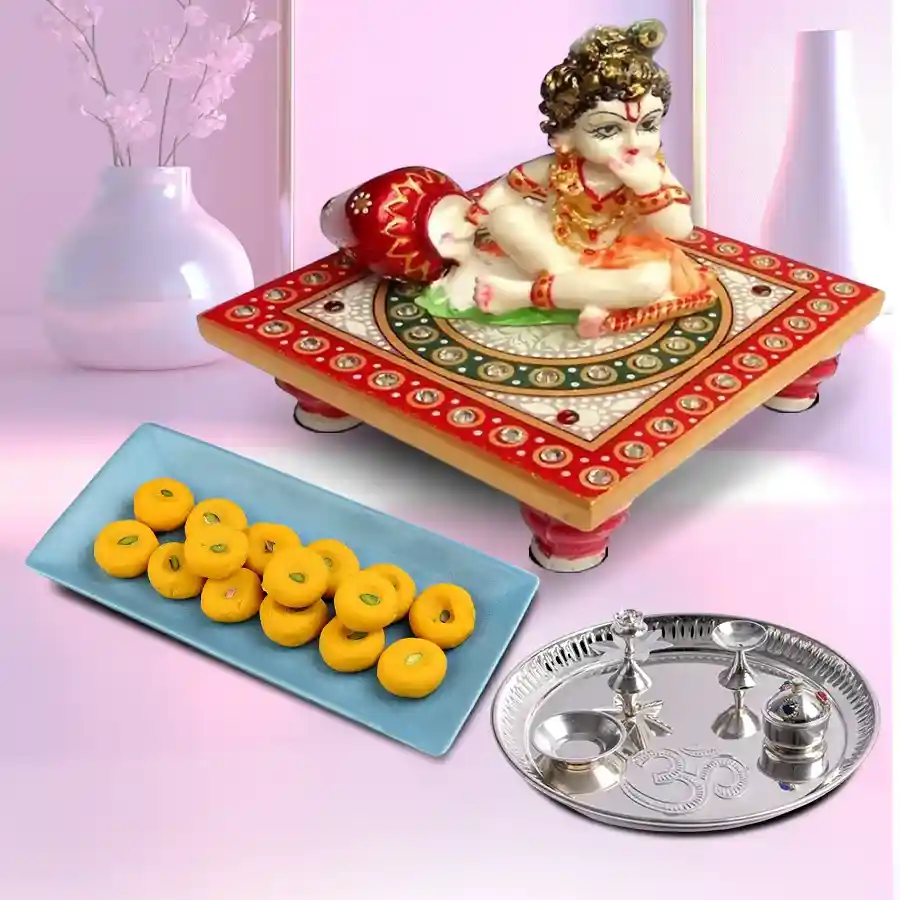 Divine Puja Combo Gift featuring a silver-plated thali set, Kesaria Pedia, and Krishna Marble Chowki for spiritual celebrations.