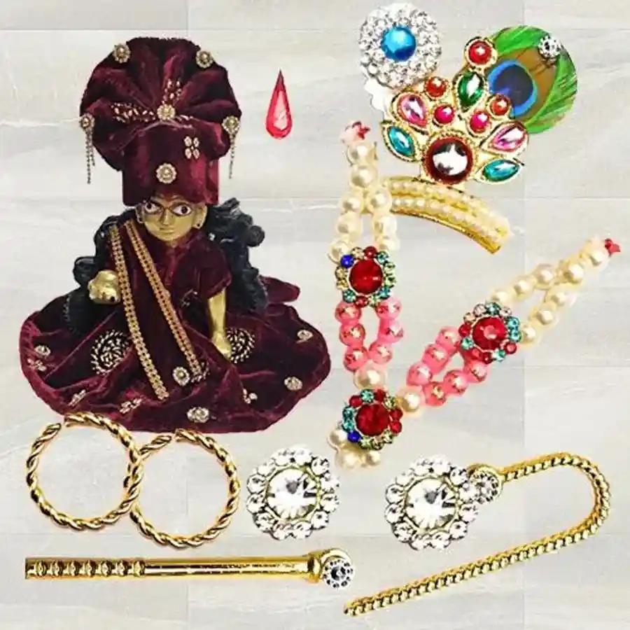 Divine Laddu Gopal Accessories Gift Combo featuring a fancy dress, pagdi, patka, and Mukut Mala Shringar Set.