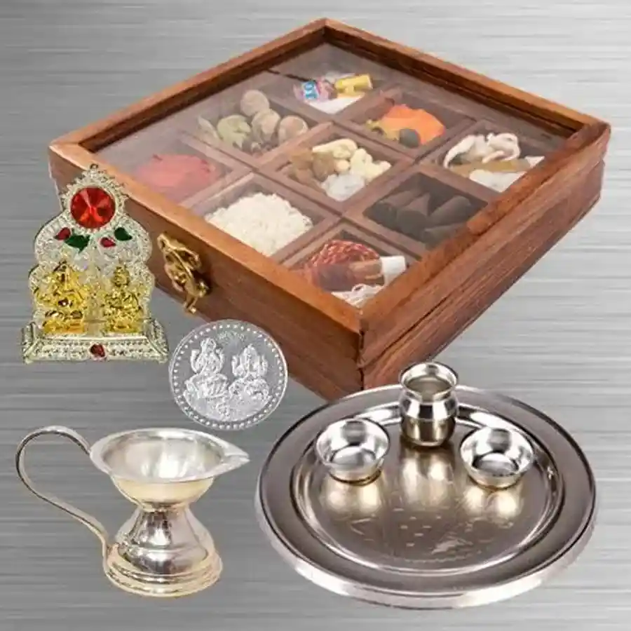 Puja Samagri essentials in a reusable wooden box, including Kapur, Roli, and more, designed for spiritual rituals and sustainability.