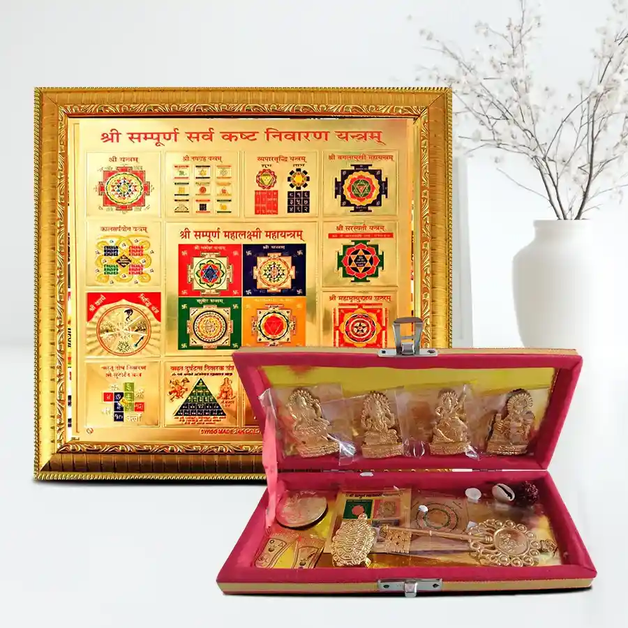 Divine Sarva Kashta Nivaran N Shri Dhan Laxmi Kuber Bhandhari Yantra in brass, featuring deities for prosperity and spiritual well-being.
