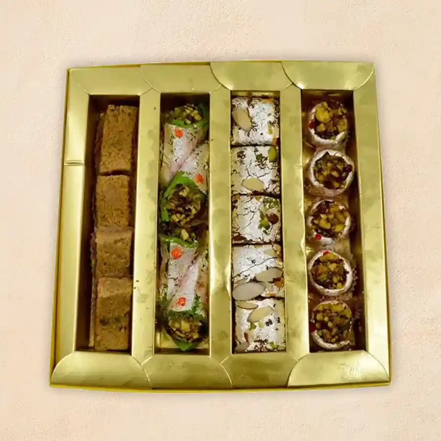 Cherished Sweets Celebration Box featuring Kaju Pan, Kaju Katori, Milk Cake, and Dilkhushal.