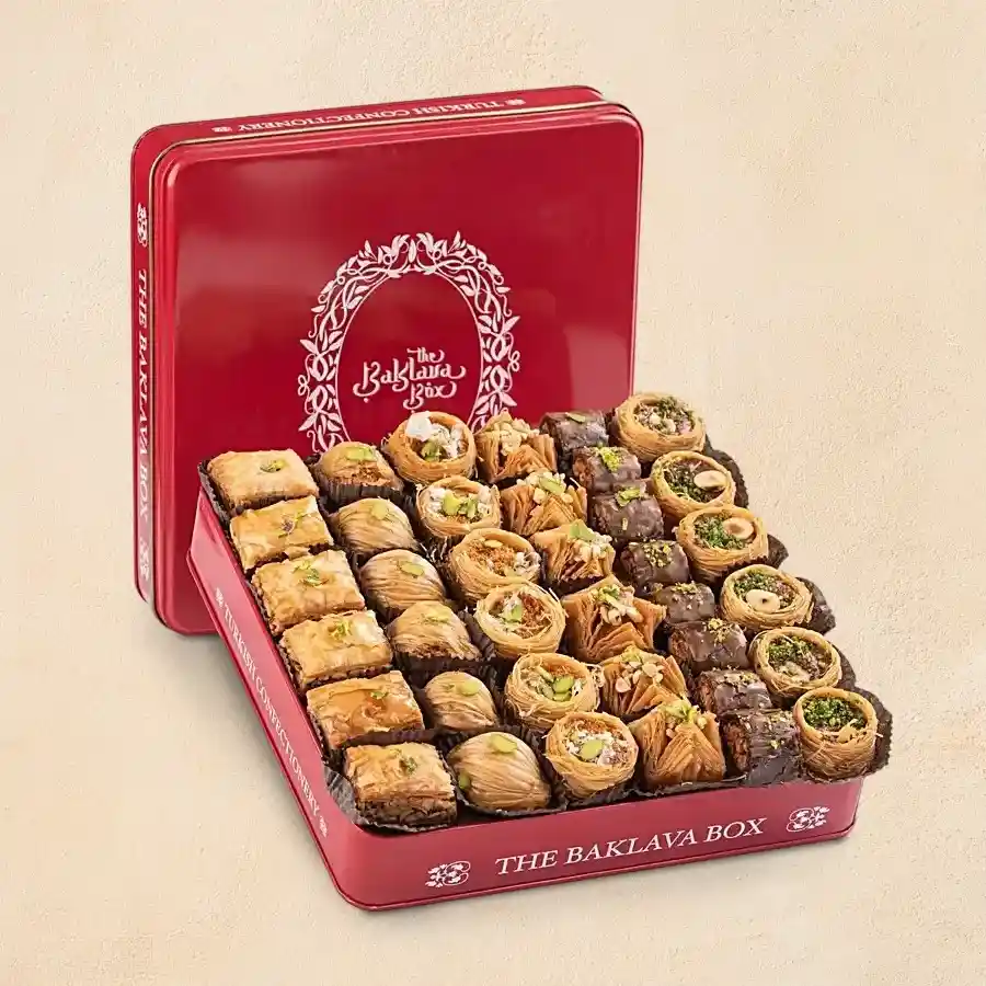 Luxurious Baklava Gift Collection in a Royal Red Tin with assorted flavors.