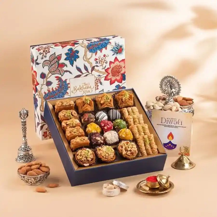 Fusion Flavors Baklava Collection with assorted baklava and Indian sweets.