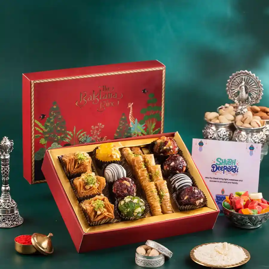 Gourmet Baklava and Indian Fusion Sweets Collection in charming packaging.