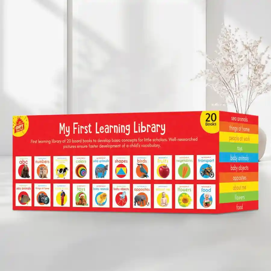 Tiny Tales Learning Library Set with 20 colorful board books for young children aged 1+.