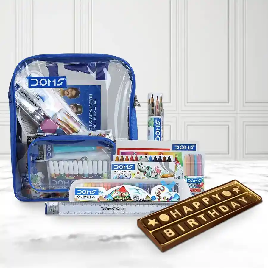 Joyful birthday gift combo with Doms Smart Kits and handmade chocolates for kids.