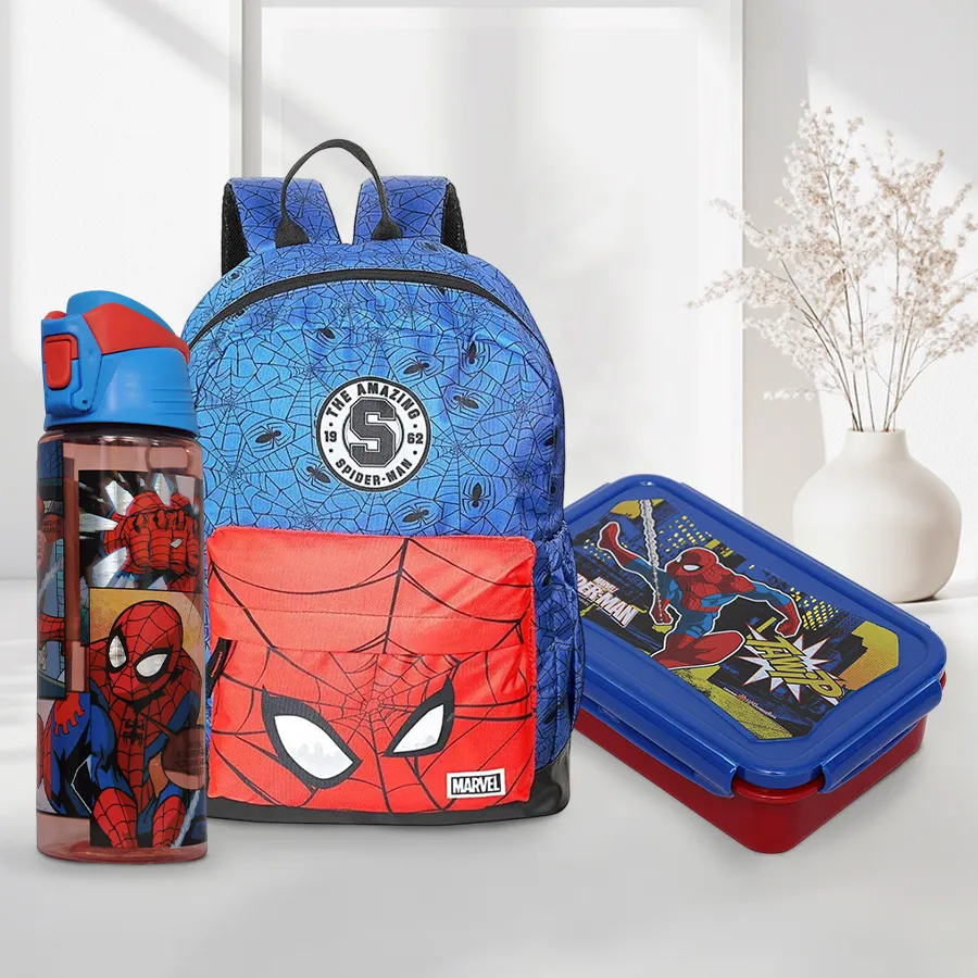 Amusing Marvel Avenger Spiderman Back to School Mini Combo, featuring a colorful backpack, sipper water bottle, and lunch box for kids.