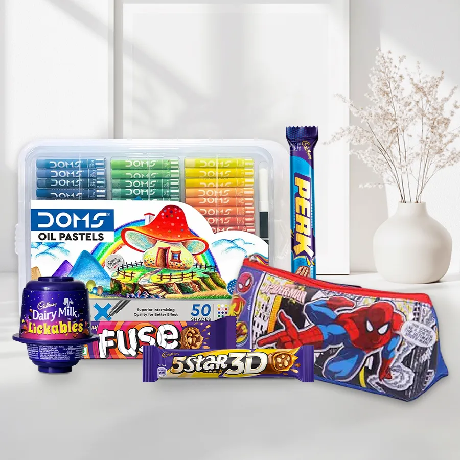 Spiderman Kids Stationery Color Set with chocolates, featuring a pyramid pencil bag and Doms color set.