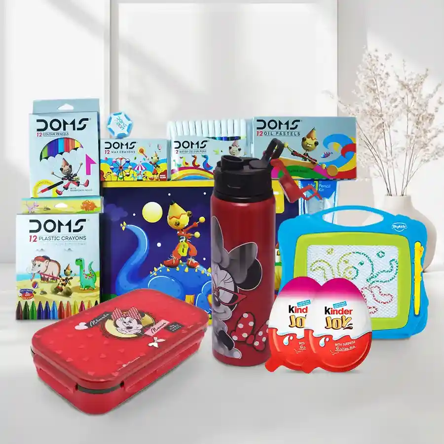 Heartfelt Kids Surprise Gift Set featuring sipper bottle, tiffin box, drawing book, doodle mini, and Kinder Joy treats.