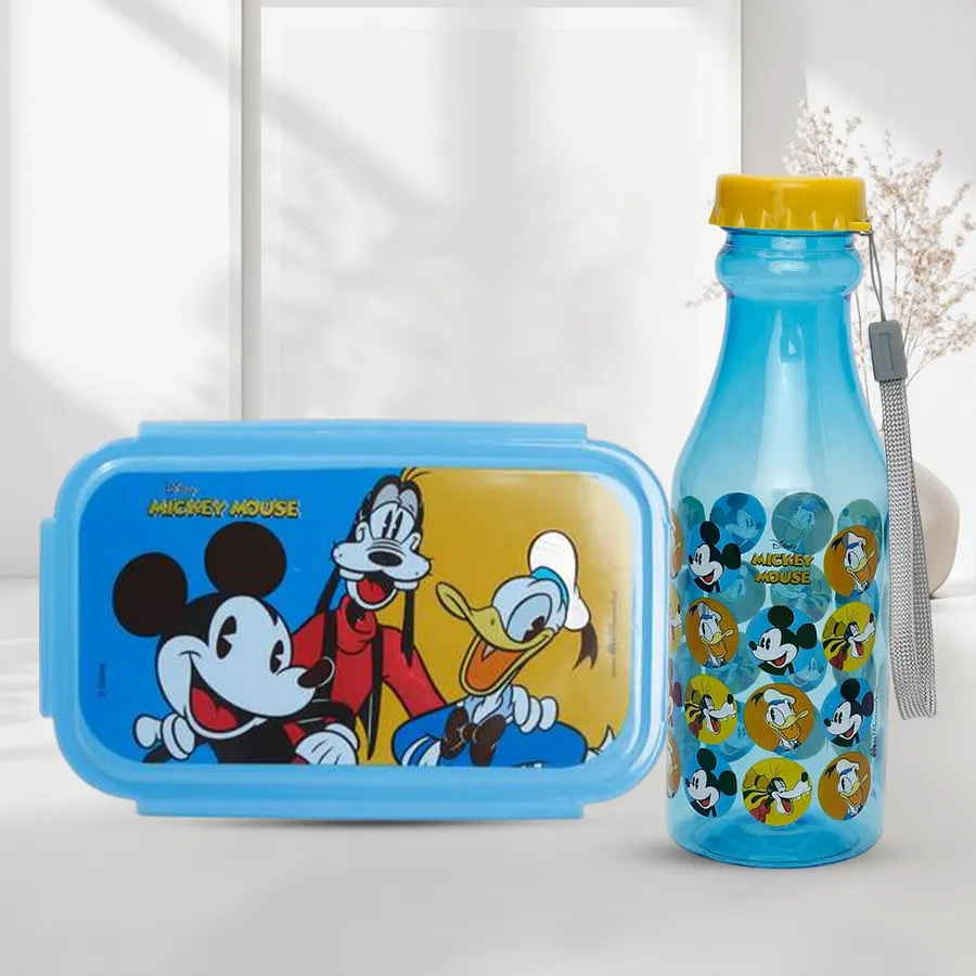 Colorful Mickey Mouse lunch box and sipper water bottle set for kids.