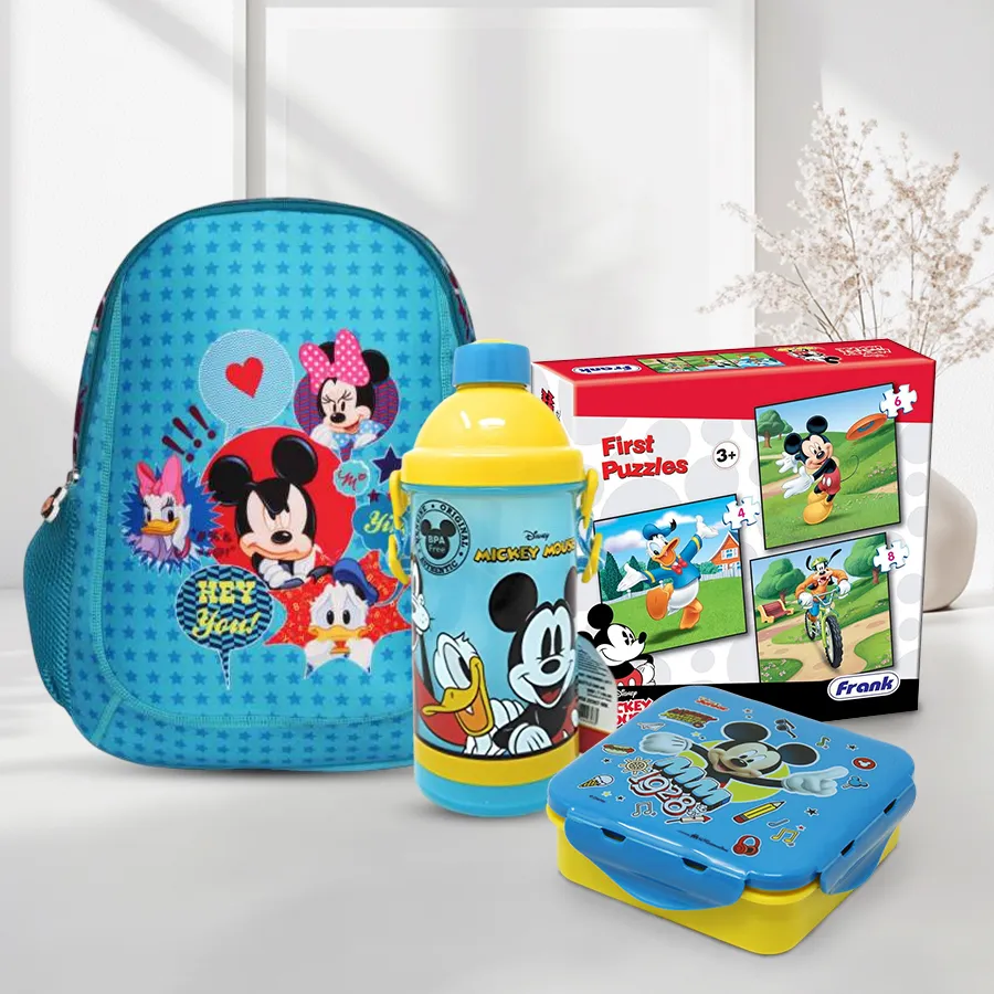 Mickey Mouse Delight Fun Hamper for kids featuring lunch box, sipper, backpack, and jigsaw puzzles.