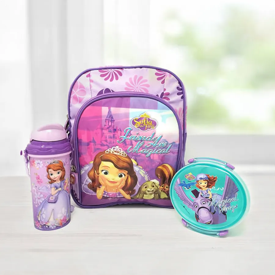 Enchanted Sofia Backpack set with lunch box and sipper bottle.