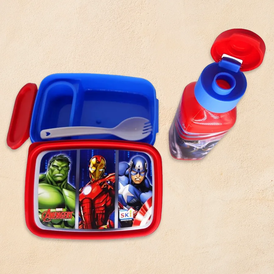 Colorful Marvel Avengers Tiffin Box and Water Bottle Combo for kids.