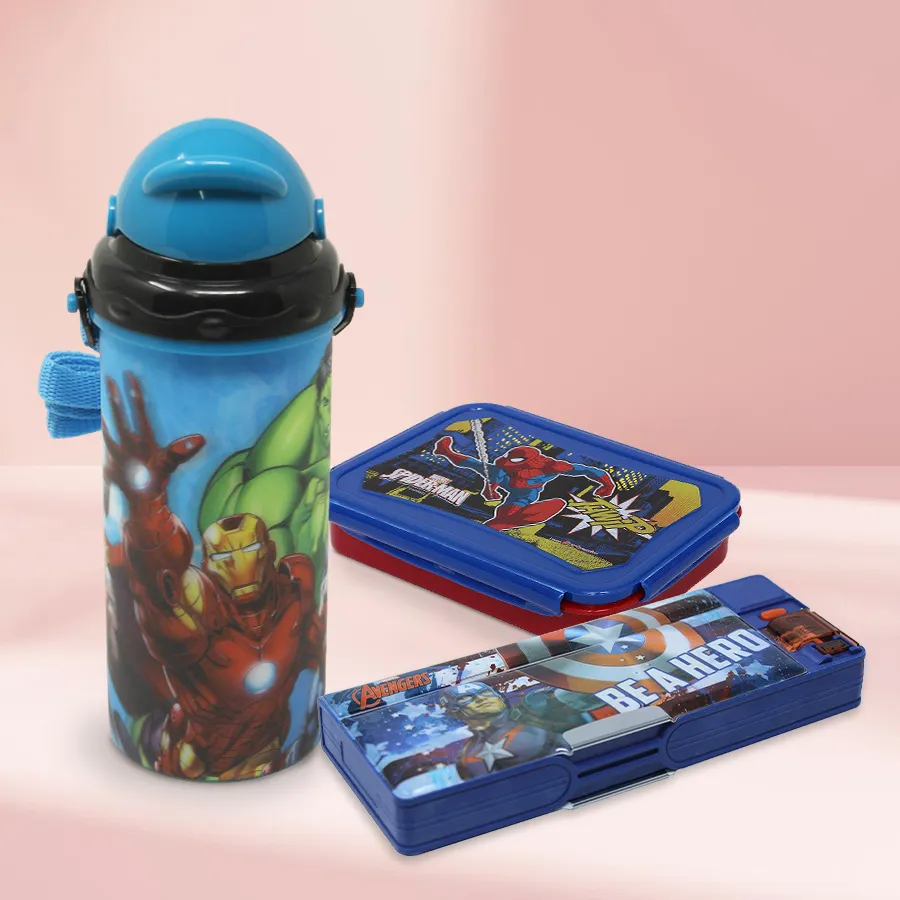 Avengers School Utility Gift Combo featuring a pencil box, sipper bottle, and Spider-Man lunch box for kids.