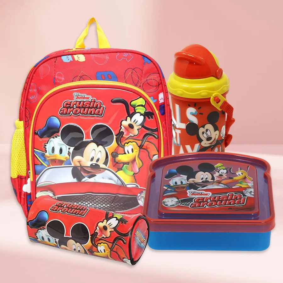 Colorful Mickey Mouse Utility Gift Combo for Kids, featuring a pencil bag, lunch box, backpack, and sipper bottle.