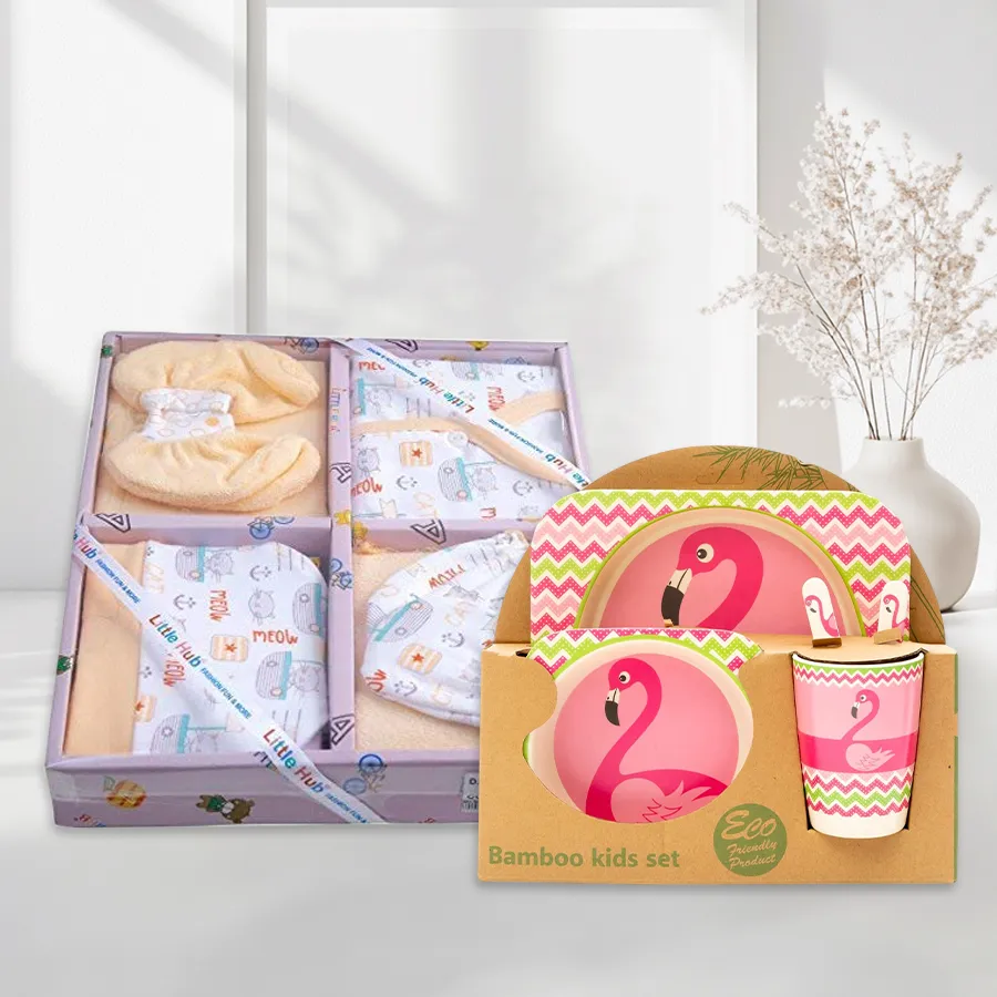 Attractive Eco-Friendly Infant Clothing and Feeding Set in orange with bamboo fiber feeding items.