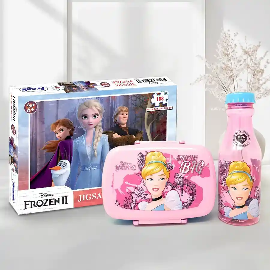 Blue Frozen lunch box and sipper bottle with a colorful puzzle set, ideal for kids aged 6 and up.