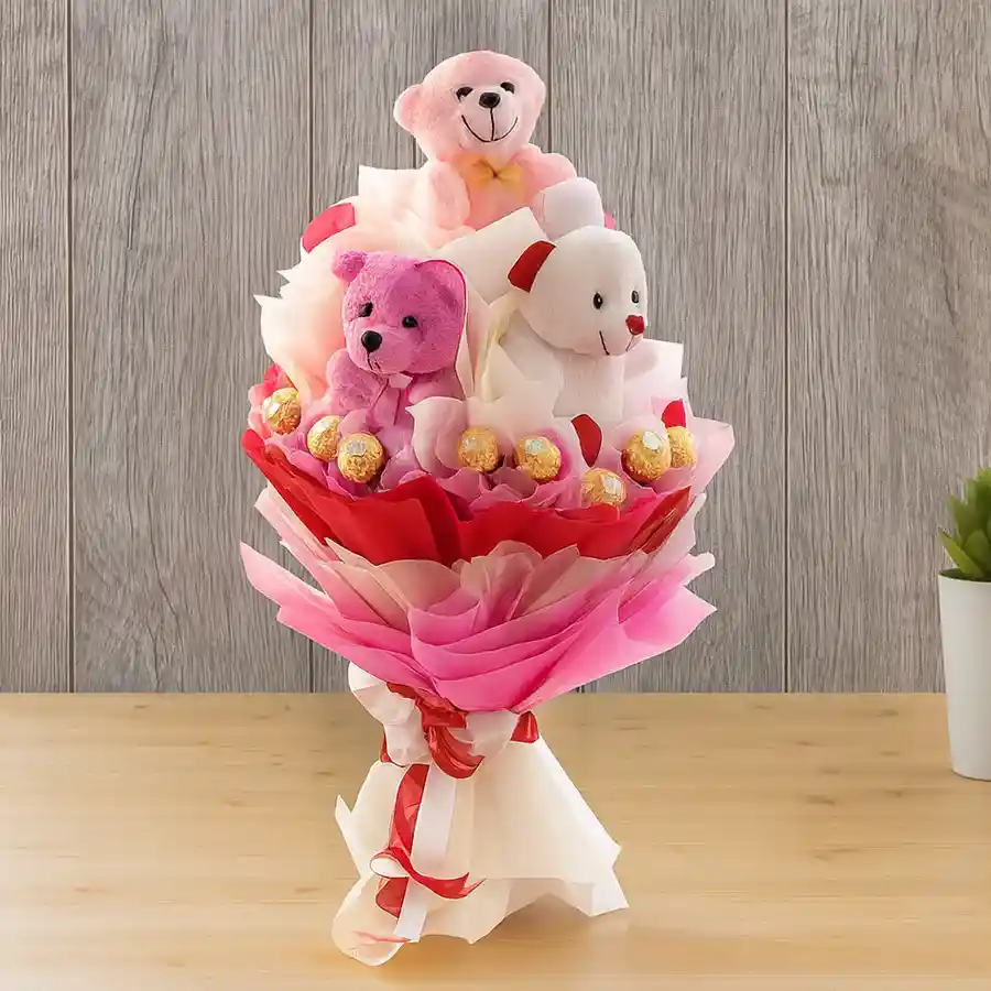 Bouquet of 6 small teddies and 8 Ferrero Rocher chocolates in a delightful arrangement.