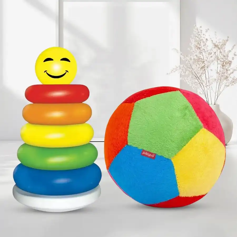 Colorful stacking ring set with a soft rattle ball for infants.