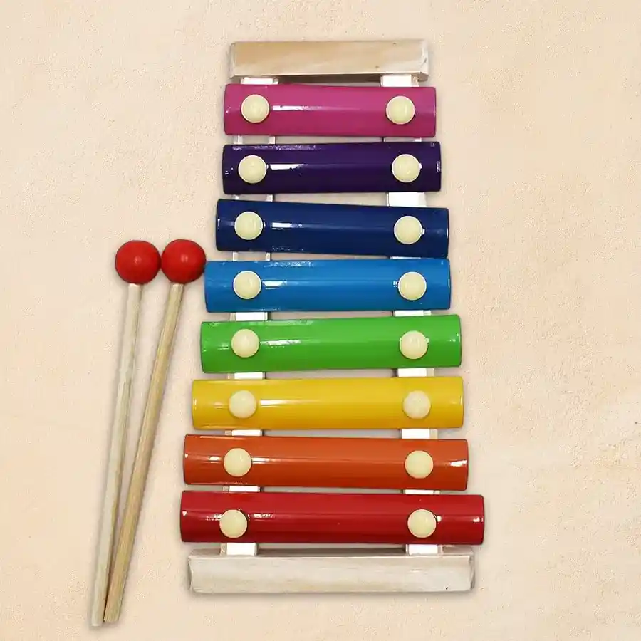 Colorful wooden xylophone musical toy designed for children aged 0-2, featuring 8 notes and made from eco-friendly materials.