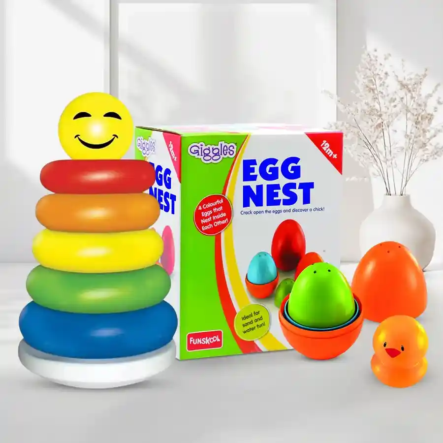 Colorful Nesting Eggs and Stacking Ring set for kids, designed for learning and coordination in playtime.