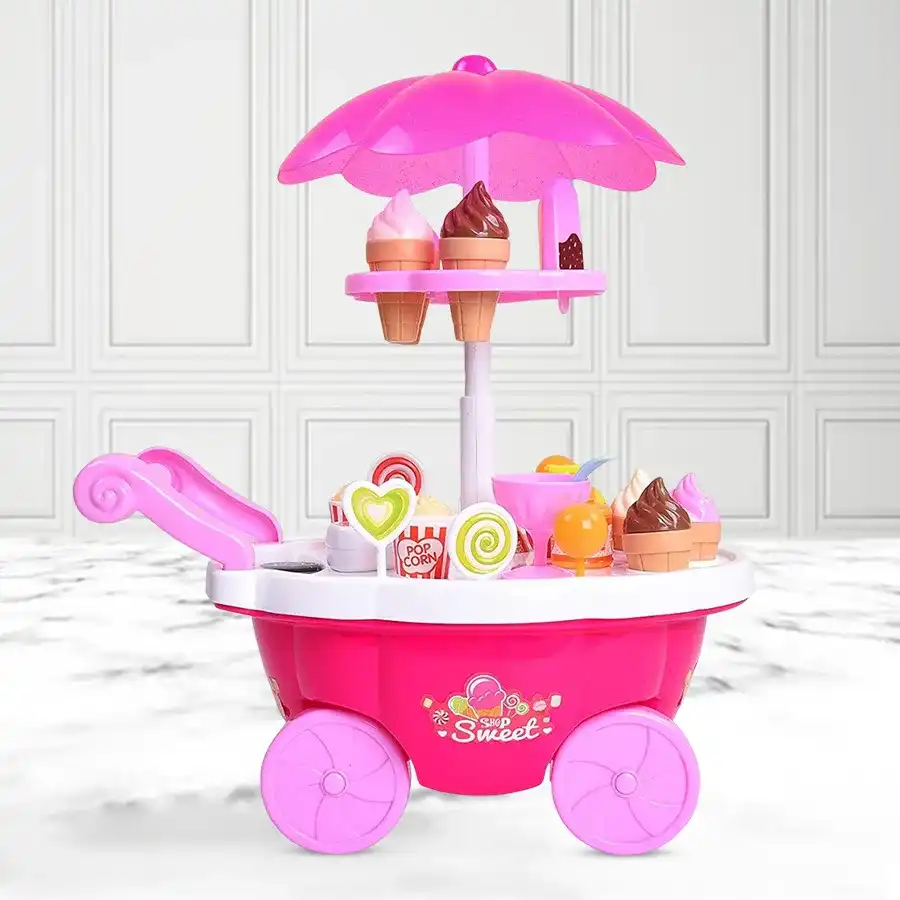 A colorful 39-piece ice cream trolley play set featuring LED lights and educational music, perfect for toddlers aged 0-2.