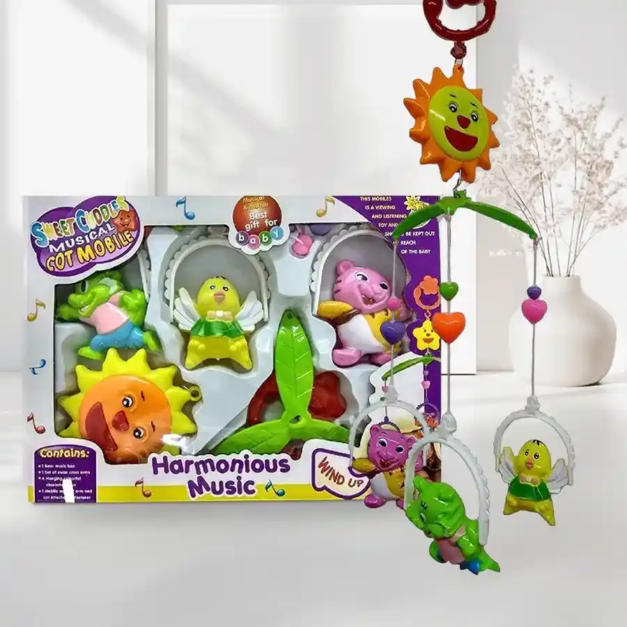 Set of five colorful musical hanging rattle toys with cartoon characters for toddlers, designed for indoor play and baby comfort.