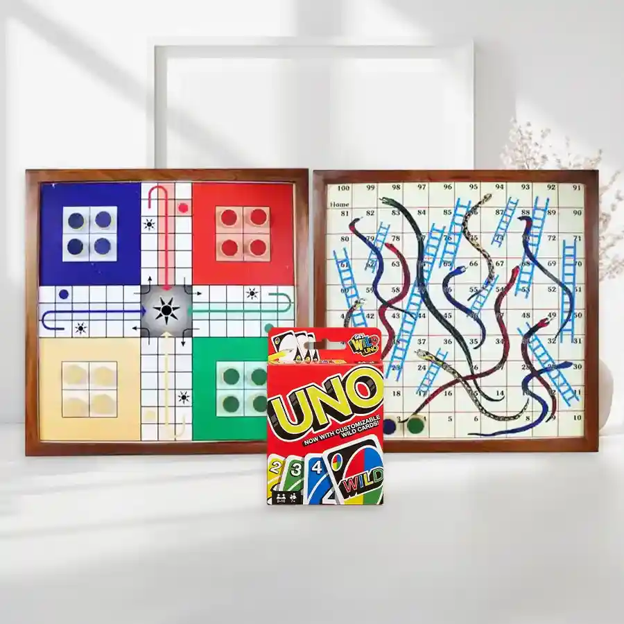 Ultimate Family Game Adventure Set for Kids with Ludo, Snakes and Ladders, and Uno.