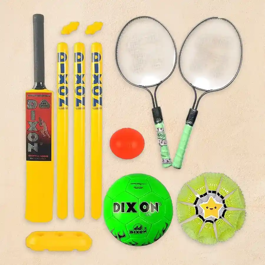 Ultimate Outdoor Sports Trio Set featuring cricket, badminton, and football equipment for kids aged 3 to 7.
