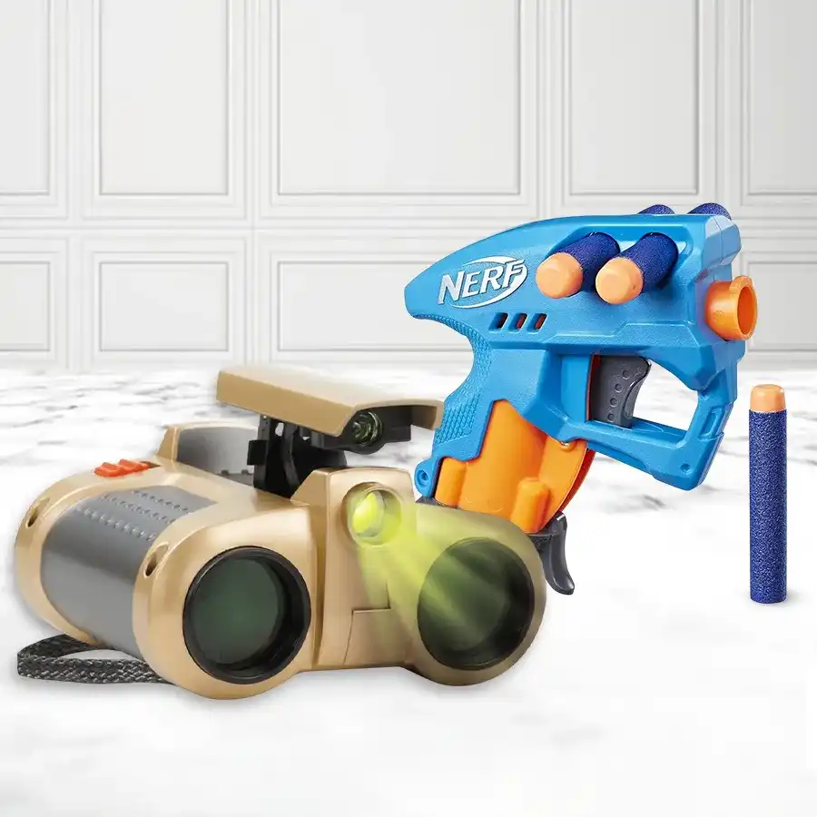 Nerf NanoFire Blaster and Night Scope Binocular set for outdoor adventures, featuring dart storage and pop-up light.