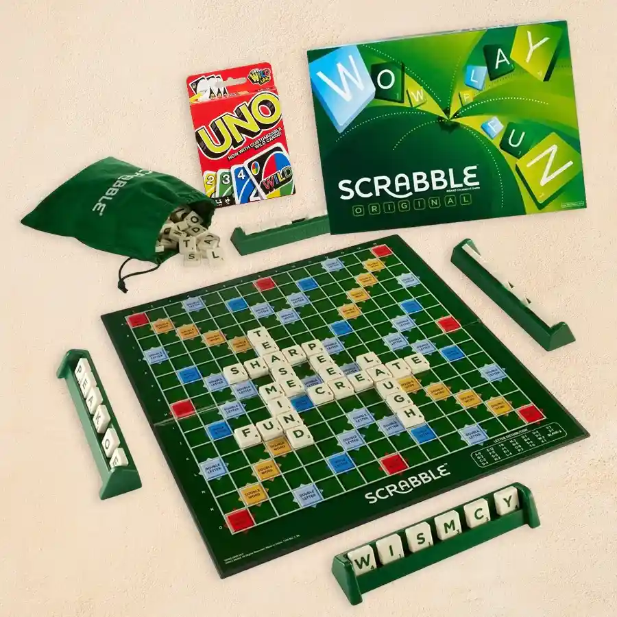 Mattel Scrabble Board Game and Uno Card Game for kids aged 3-7.