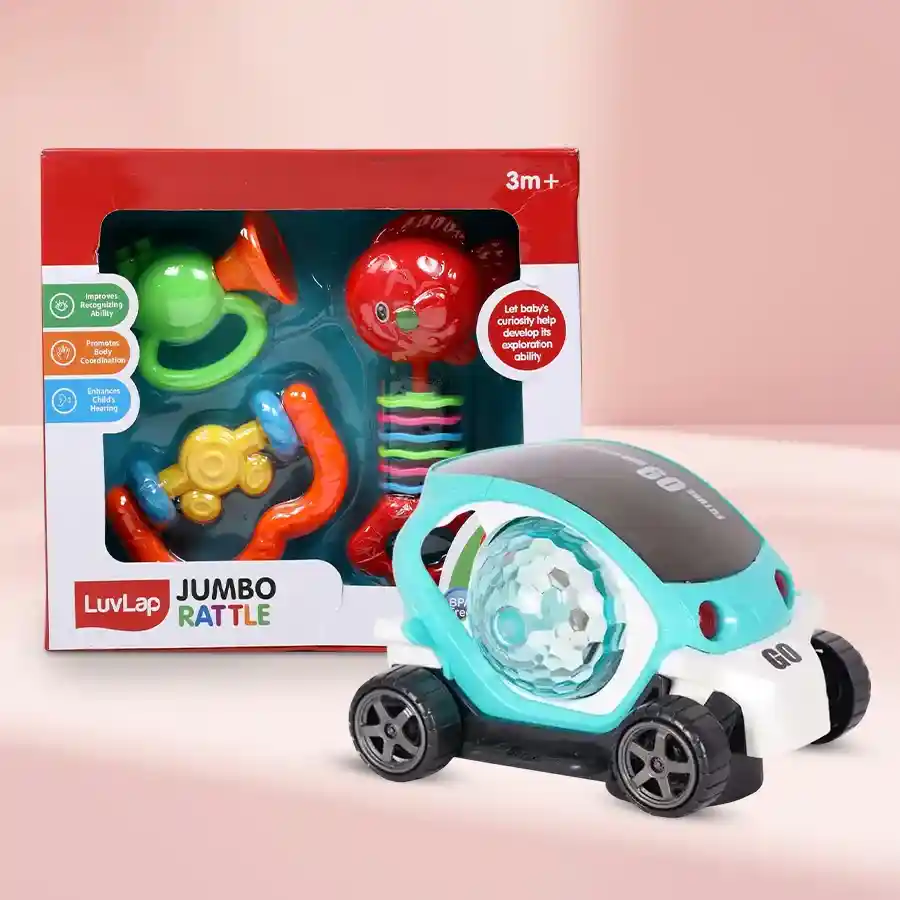 A vibrant 360 Degree Rotating Stunt Car alongside colorful fish teether rattles, designed for infants and toddlers to promote play and skill development.