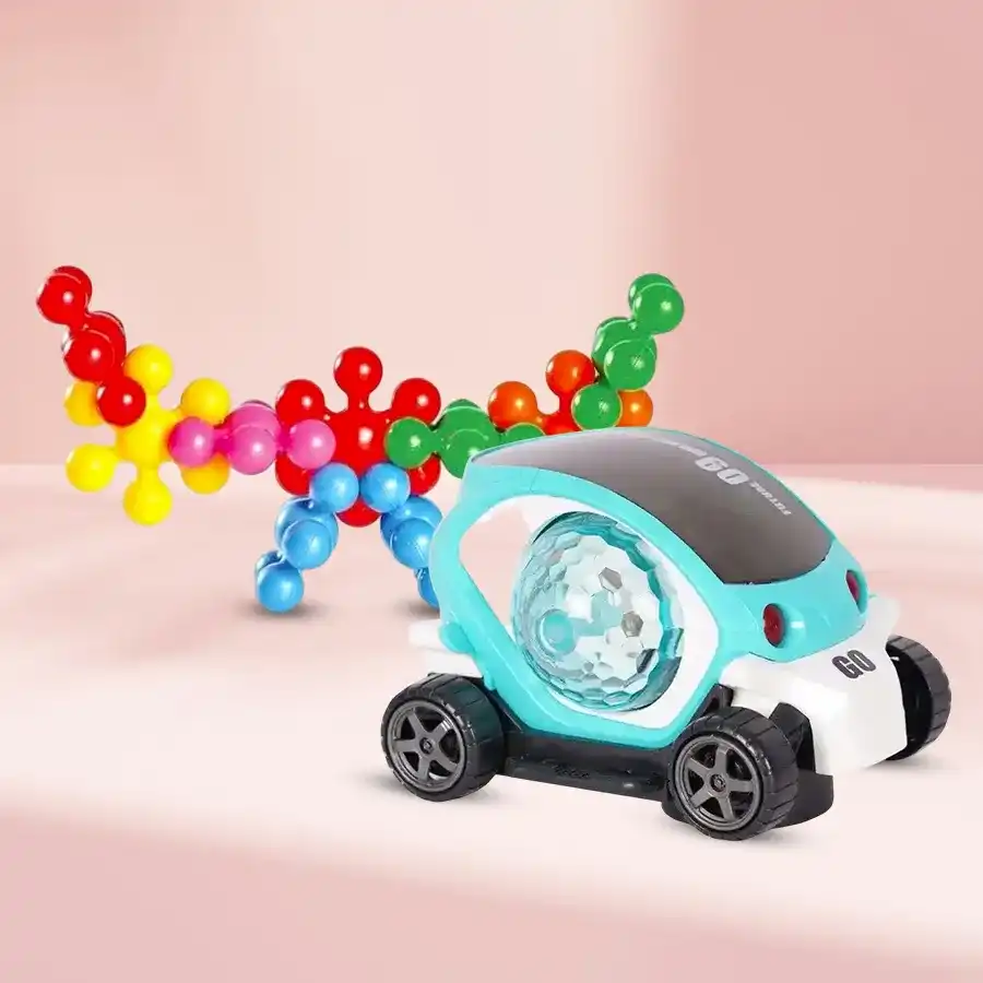 360-degree rotating stunt car with 4D lights and Funskool Kiddy Star Links for toddlers, enhancing play and motor skills.