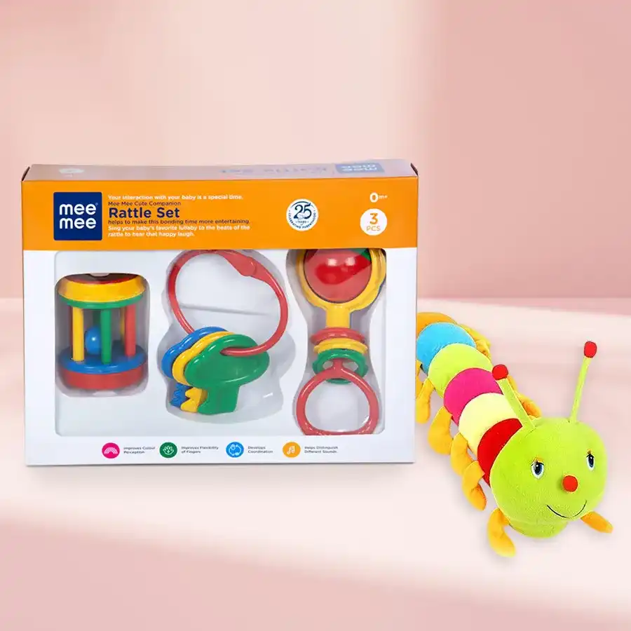 Exclusive Mee Mee Fish Teether Rattles and Caterpillar Soft Toy for babies aged 0-2, promoting motor skills and joyful play.