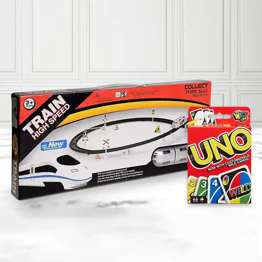 Amazing Trains N Train Sets and Mattel Uno Card Game for kids aged 3-7, perfect for indoor play and creativity.