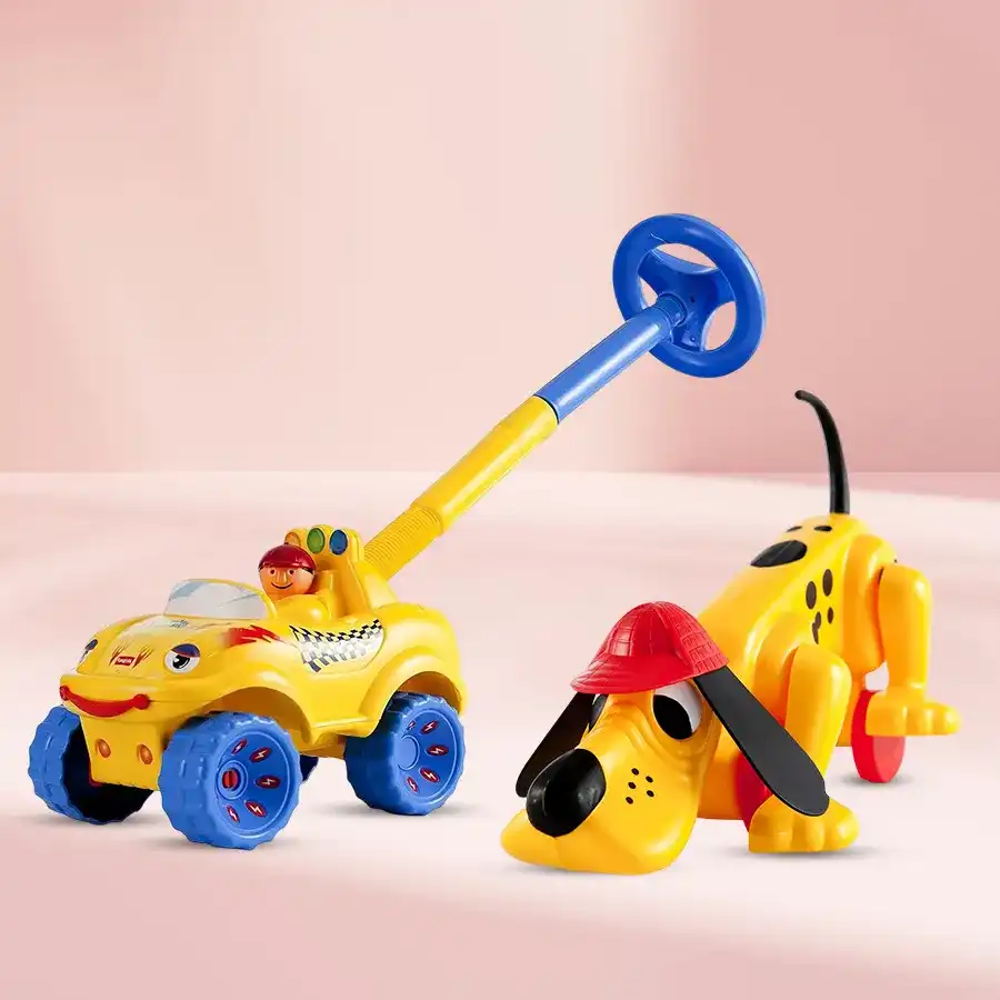 Funskool Walk N Drive Truck N Digger The Dog, an engaging indoor toy for kids aged 18 months and older, promoting creativity and active play.