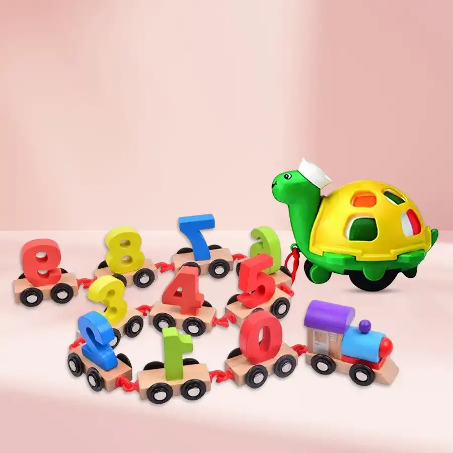 Marvelous Wooden Digital Train and Funskool Twirlly Whirlly Turtle for imaginative playtime.