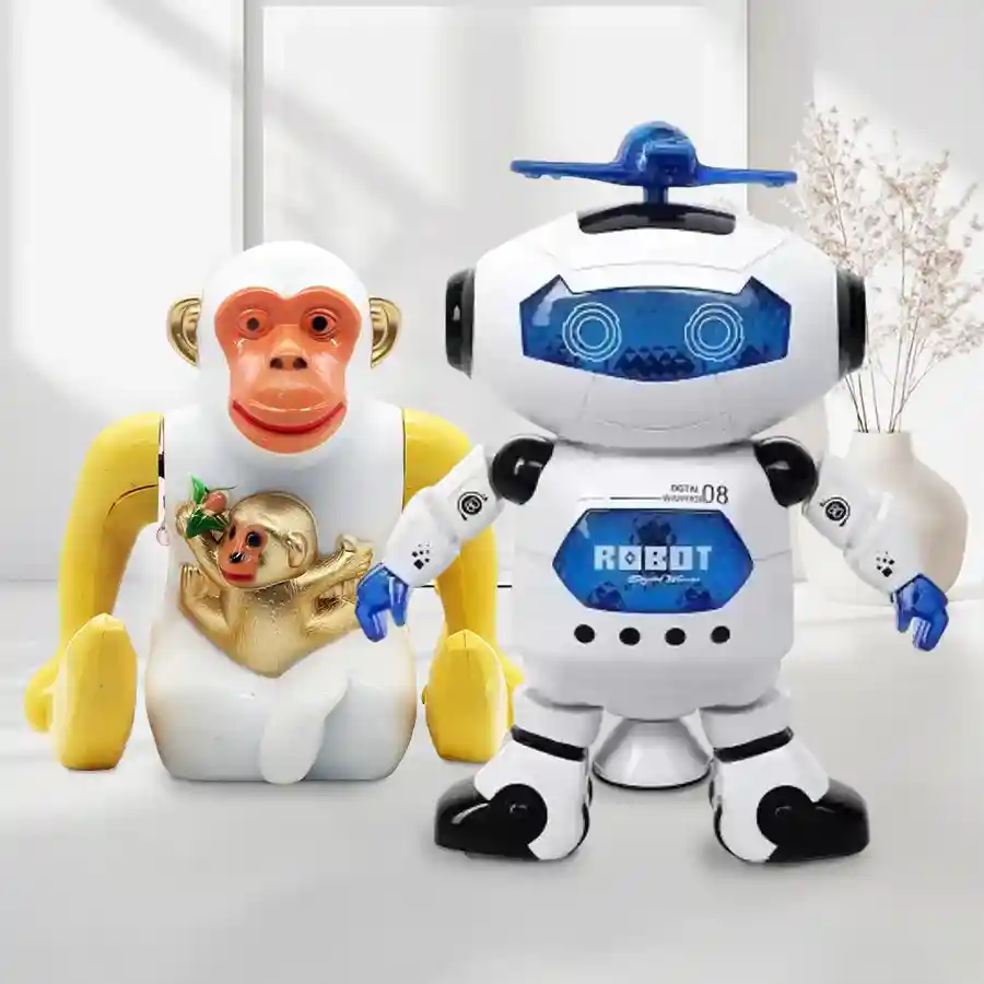 Colorful Dancing Robot with 3D lights alongside a Funny Orangutan toy, perfect for kids aged 2 and up.