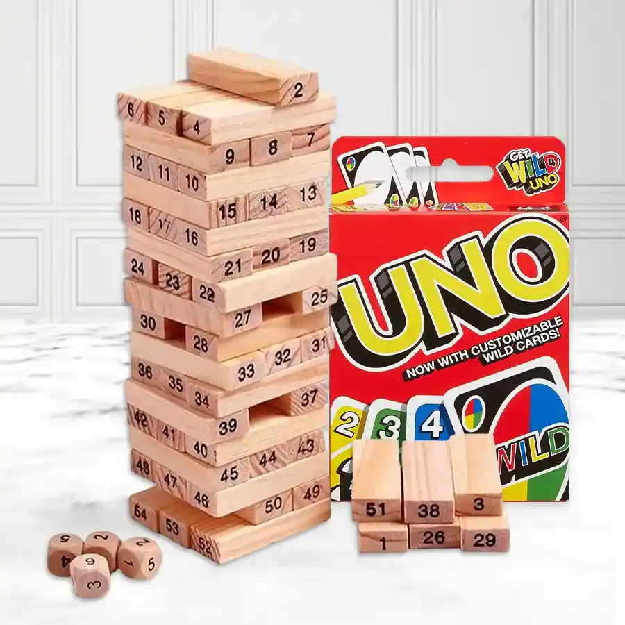 Joyful Indoor Playtime Set featuring Mattel Uno and Tumbling Tower blocks for kids aged 3-7.