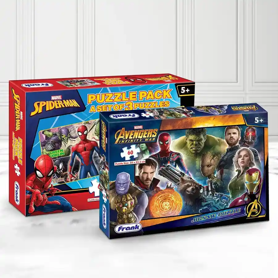 Exciting Frank Marvel Spider-Man N Avengers Infinity War Puzzle Set featuring colorful puzzles for kids aged 5 and up.