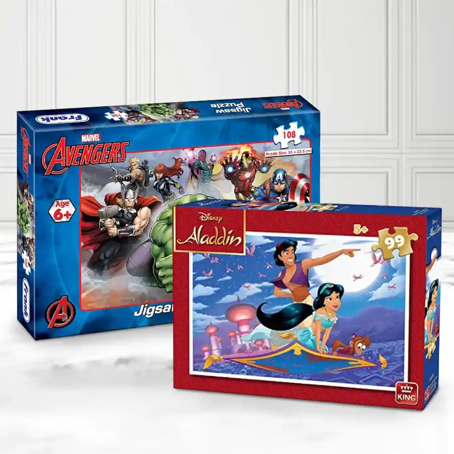 Exclusive Frank Marvel Avengers and Disney Aladdin Puzzle Set featuring 108 and 60 pieces for children's skill development and entertainment.
