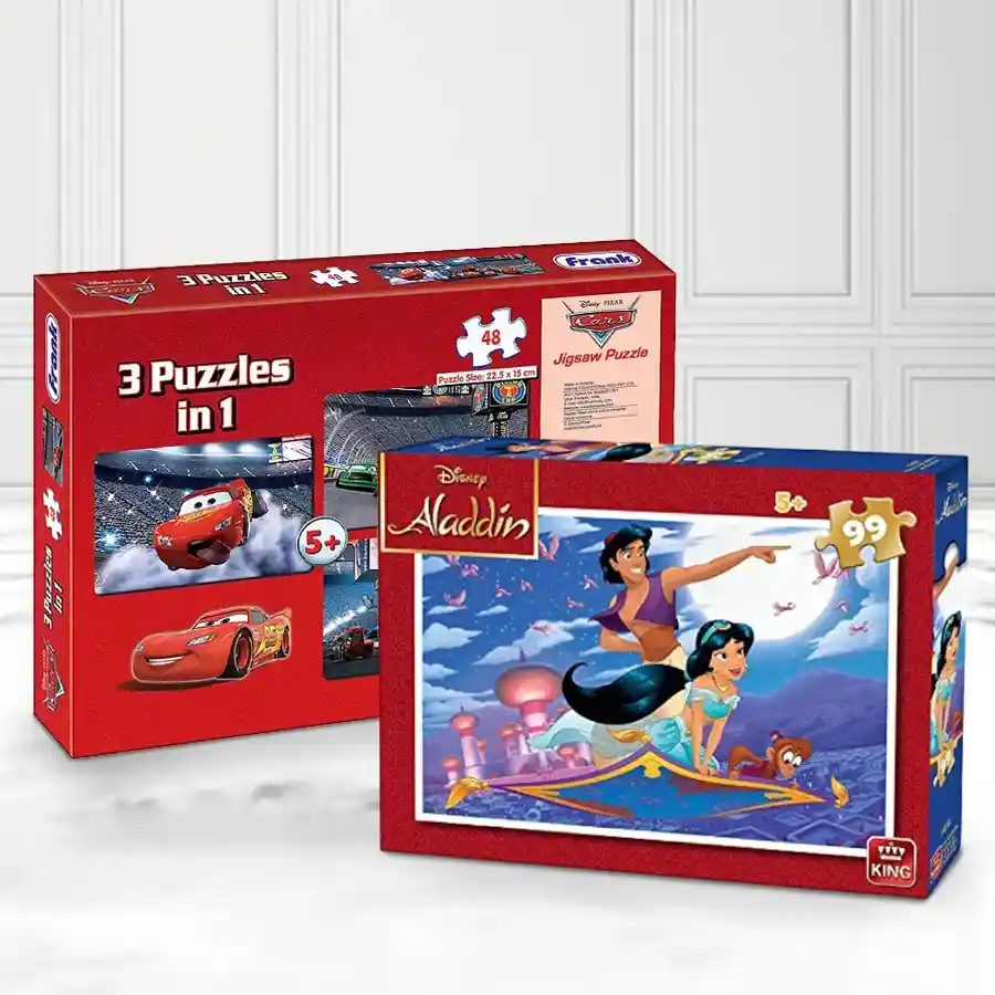 Magical Disney Puzzle Adventure Set with Aladdin and Cars puzzles for kids aged 5+.