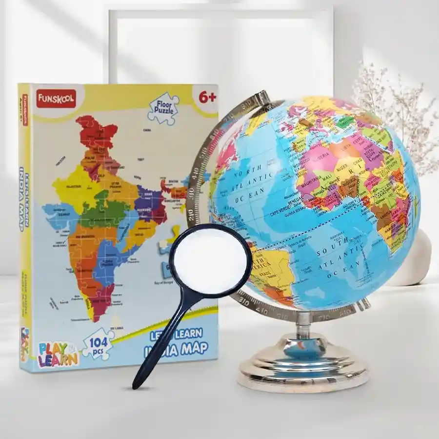 Funskool Map Puzzle and Rotating World Globe designed for kids aged 12 and above, featuring an 8-inch globe with a steel finish.